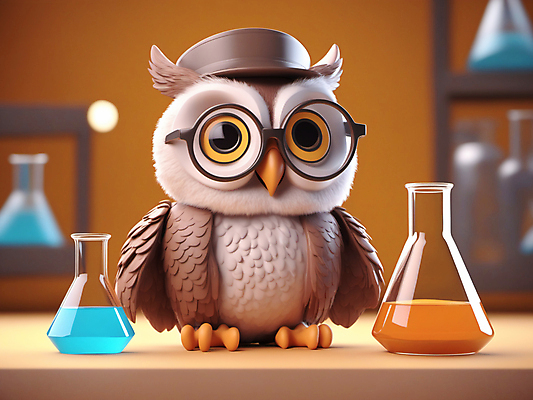 JPG 편집이미지 캐릭터 모자 교육 실험 사람없음 3D 교사 플라스크 디지털합성 부엉이 안경낌 편집3D AI컴퓨터그래픽 AI콘텐츠 직업 잡화 안경 조류 실험기구 파일형식