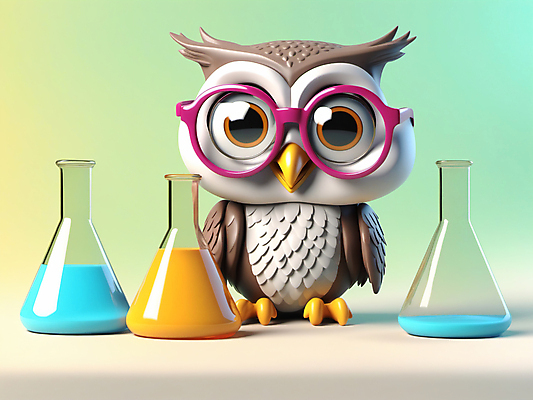 JPG 편집이미지 캐릭터 교육 실험 사람없음 3D 교사 플라스크 디지털합성 부엉이 안경낌 편집3D AI컴퓨터그래픽 AI콘텐츠 직업 안경 조류 실험기구 파일형식