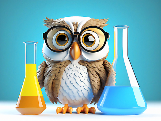 JPG 편집이미지 캐릭터 교육 실험 사람없음 3D 교사 플라스크 디지털합성 부엉이 안경낌 편집3D AI컴퓨터그래픽 AI콘텐츠 직업 안경 조류 실험기구 파일형식