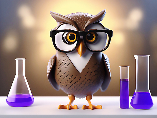 JPG 편집이미지 캐릭터 교육 실험 사람없음 3D 보라색 교사 플라스크 디지털합성 보케 부엉이 안경낌 편집3D AI컴퓨터그래픽 AI콘텐츠 직업 안경 컬러 조류 실험기구 파일형식
