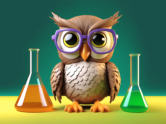 JPG 편집이미지 캐릭터 교육 실험 사람없음 3D 교사 플라스크 디지털합성 부엉이 안경낌 편집3D AI컴퓨터그래픽 AI콘텐츠 직업 안경 조류 실험기구 파일형식
