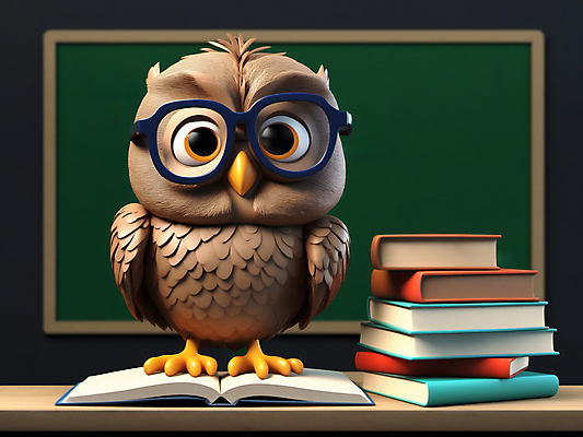 JPG 편집이미지 캐릭터 교육 사람없음 책 3D 교사 칠판 디지털합성 부엉이 안경낌 편집3D AI컴퓨터그래픽 AI콘텐츠 직업 안경 조류 파일형식