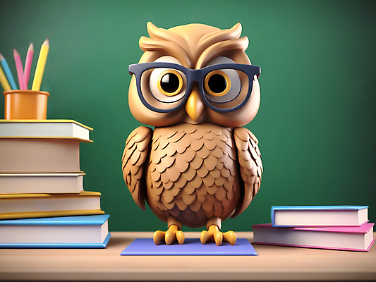 JPG 편집이미지 캐릭터 교육 사람없음 책 3D 교사 칠판 디지털합성 연필꽂이 부엉이 안경낌 편집3D AI컴퓨터그래픽 AI콘텐츠 직업 안경 조류 문구용품 파일형식