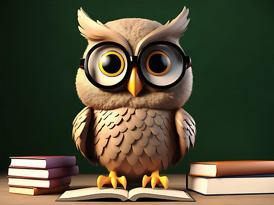 JPG 편집이미지 캐릭터 교육 사람없음 책 3D 교사 칠판 디지털합성 부엉이 안경낌 편집3D AI컴퓨터그래픽 AI콘텐츠 직업 안경 조류 파일형식