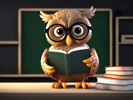 JPG 편집이미지 캐릭터 교육 들기 사람없음 책 3D 교사 칠판 디지털합성 부엉이 안경낌 편집3D AI컴퓨터그래픽 AI콘텐츠 직업 안경 모션 조류 파일형식