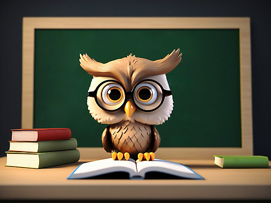 JPG 편집이미지 캐릭터 교육 사람없음 책 3D 교사 칠판 디지털합성 부엉이 안경낌 편집3D AI컴퓨터그래픽 AI콘텐츠 직업 안경 조류 파일형식