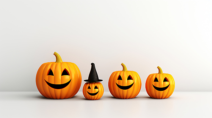 JPG 편집이미지 호박 미소 사람없음 주황색 고깔모자 할로윈 오브젝트 일렬 마녀모자 잭오랜턴 편집실사 AI포토 AI콘텐츠 모자_잡화 컬러 채소 표정 CG 파일형식
