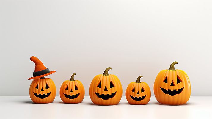 JPG 편집이미지 호박 미소 사람없음 주황색 고깔모자 할로윈 오브젝트 일렬 마녀모자 잭오랜턴 편집실사 AI포토 AI콘텐츠 모자_잡화 컬러 채소 표정 CG 파일형식