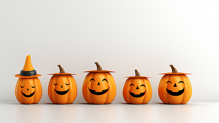 JPG 편집이미지 호박 미소 사람없음 주황색 고깔모자 할로윈 오브젝트 일렬 마녀모자 잭오랜턴 편집실사 AI포토 AI콘텐츠 모자_잡화 컬러 채소 표정 CG 파일형식