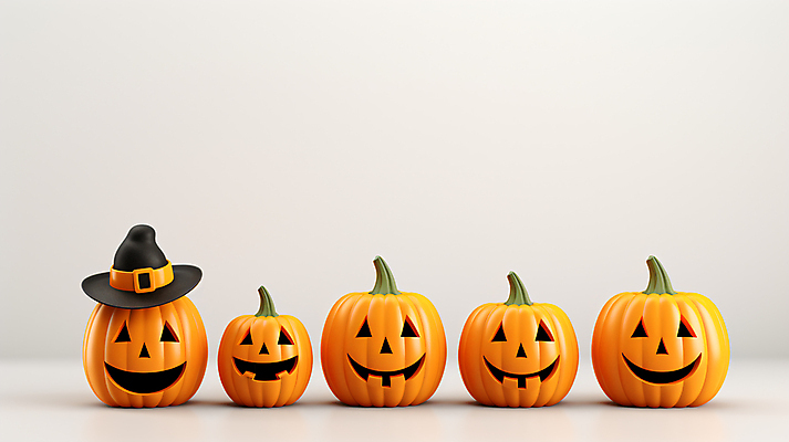 JPG 편집이미지 호박 미소 사람없음 주황색 고깔모자 할로윈 오브젝트 일렬 마녀모자 잭오랜턴 편집실사 AI포토 AI콘텐츠 모자_잡화 컬러 채소 표정 CG 파일형식
