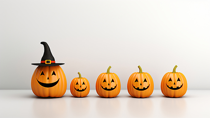 JPG 편집이미지 호박 미소 사람없음 주황색 고깔모자 할로윈 오브젝트 일렬 마녀모자 잭오랜턴 편집실사 AI포토 AI콘텐츠 모자_잡화 컬러 채소 표정 CG 파일형식