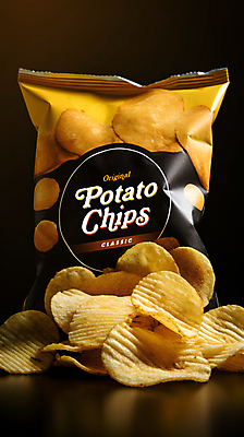 JPG 편집이미지 디저트 봉투 감자 사람없음 과자 칩 포장지 디지털합성 패키지 감자칩 편집소스 편집실사 AI포토 AI콘텐츠 음식 채소 포장 칩_음식 CG 파일형식