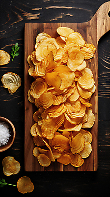JPG 편집이미지 디저트 감자 사람없음 과자 칩 디지털합성 소금 감자칩 나무도마 편집소스 편집실사 AI포토 AI콘텐츠 음식 채소 도마 목재 칩_음식 CG 파일형식
