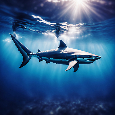 JPG 편집이미지 한마리 바다 사람없음 파란색 바닷속 바다동물 디지털합성 상어 편집실사 AI포토 AI콘텐츠 동물 1 컬러 어류 수중 수중동물 CG 파일형식