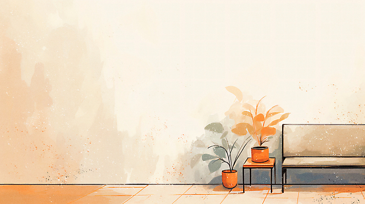 JPG 화분 벤치 일러스트 수채화 사람없음 인테리어 주황색 협탁 카피스페이스 국내일러스트 AI일러스트 AI콘텐츠 디자인 컬러 가구 의자 공백 파일형식