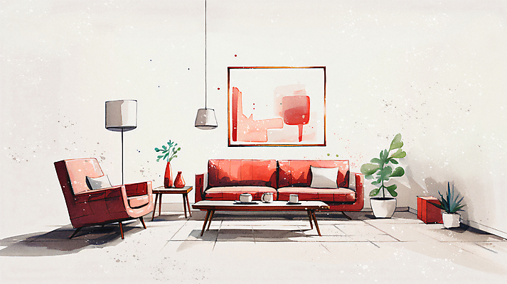 JPG 화분 액자 쿠션 거실 일러스트 탁자 조명 수채화 사람없음 컵 빨간색 인테리어 소파 꽃병 협탁 국내일러스트 AI일러스트 AI콘텐츠 식기 디자인 꽃 컬러 가구 의자 파일형식