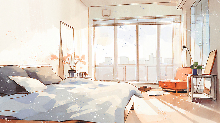 JPG 화분 일러스트 창문 침구 조명 수채화 풍경 사람없음 인테리어 소파 햇빛 침실 침대 협탁 전신거울 국내일러스트 AI일러스트 AI콘텐츠 디자인 가구 의자 태양 거울 파일형식