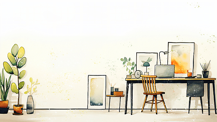 JPG 화분 시계 액자 의자 일러스트 수채화 사람없음 노트북 인테리어 스탠드 작업실 책상 그림 연필꽂이 협탁 카피스페이스 국내일러스트 AI일러스트 AI콘텐츠 디자인 가구 문구용품 조명 전자제품 공백 파일형식