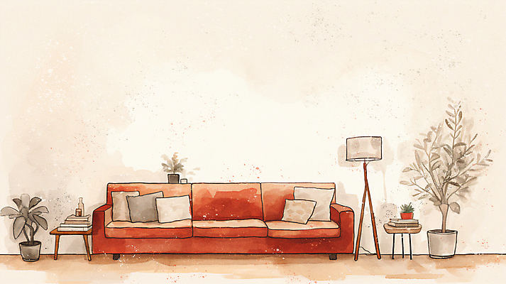 JPG 화분 쿠션 거실 일러스트 조명 수채화 사람없음 인테리어 소파 스탠드 협탁 카피스페이스 국내일러스트 AI일러스트 AI콘텐츠 디자인 가구 의자 공백 파일형식