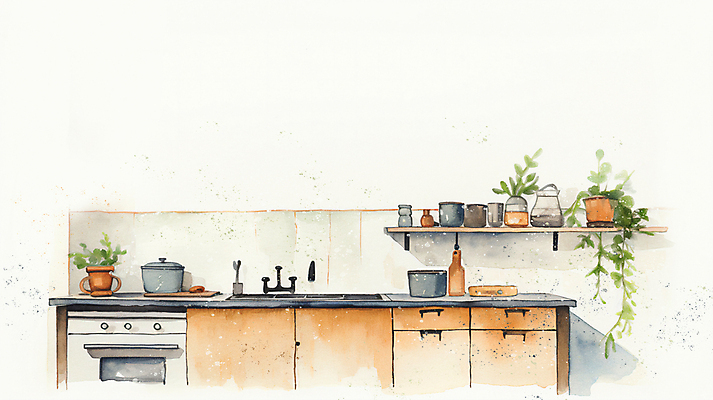 JPG 화분 일러스트 수채화 선반 사람없음 인테리어 주방 가스레인지 오븐 병 냄비 덩굴 싱크대 서랍장 조미료통 카피스페이스 국내일러스트 AI일러스트 AI콘텐츠 식물 식기 디자인 가구 통 공백 가전제품 레인지 솥 개수대 파일형식