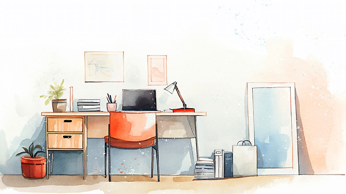 JPG 화분 액자 의자 일러스트 수채화 사람없음 노트북 인테리어 쇼핑백 스탠드 작업실 책상 그림 서랍장 연필꽂이 전신거울 책더미 국내일러스트 AI일러스트 AI콘텐츠 디자인 가구 가방 문구용품 조명 책 전자제품 거울 무더기 파일형식