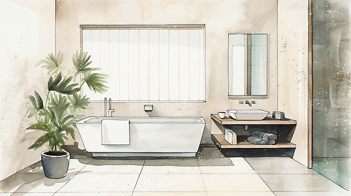JPG 화분 일러스트 창문 수채화 욕조 사람없음 인테리어 수건 거울 욕실 커튼 세면대 국내일러스트 AI일러스트 AI콘텐츠 디자인 위생용품 파일형식