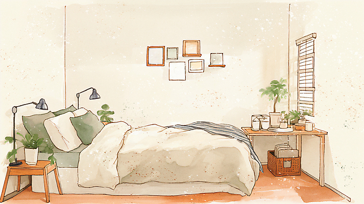 JPG 화분 액자 일러스트 창문 침구 수채화 사람없음 인테리어 바구니 침실 침대 스탠드 블라인드 책상 협탁 수면등 국내일러스트 AI일러스트 AI콘텐츠 디자인 가구 조명 커튼 파일형식