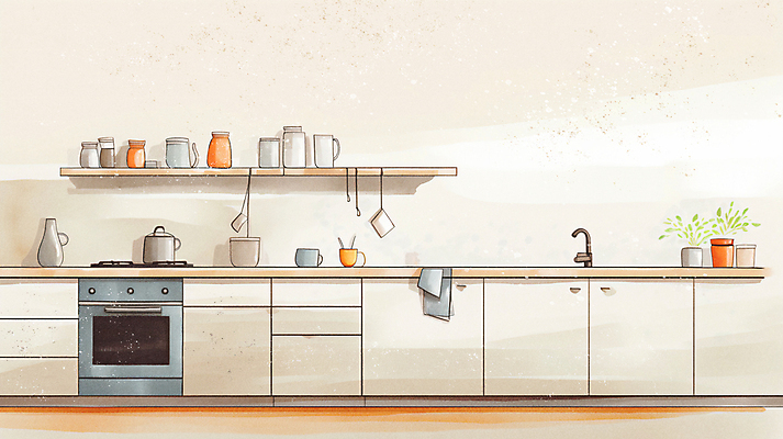 JPG 화분 일러스트 주방용품 수채화 사람없음 컵 인테리어 가스레인지 오븐 병 냄비 싱크대 서랍장 조미료통 행주 국내일러스트 AI일러스트 AI콘텐츠 식기 디자인 가구 생활용품 통 가전제품 레인지 솥 청소도구 개수대 파일형식