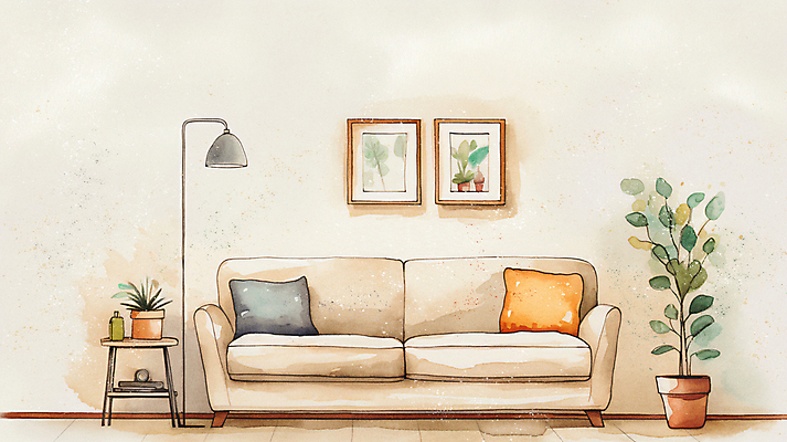JPG 화분 액자 쿠션 잎 거실 일러스트 수채화 사람없음 인테리어 소파 스탠드 그림 협탁 국내일러스트 AI일러스트 AI콘텐츠 식물 디자인 가구 의자 조명 파일형식