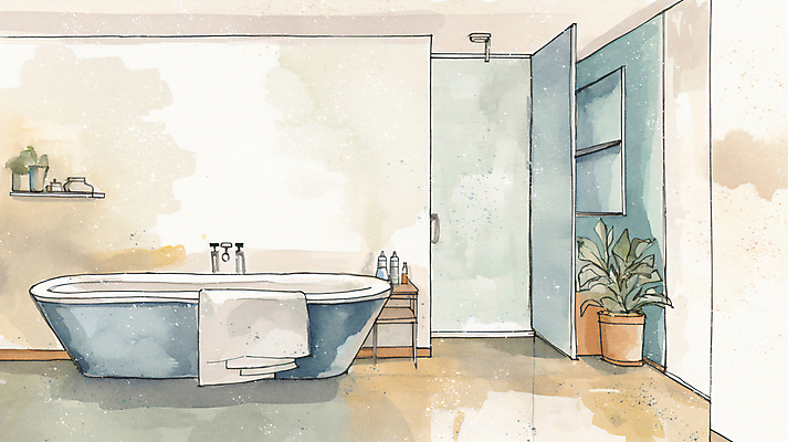 JPG 화분 일러스트 수채화 선반 욕조 사람없음 인테리어 위생용품 욕실 수도꼭지 목욕타월 협탁 국내일러스트 AI일러스트 AI콘텐츠 디자인 가구 생활용품 수건 파일형식