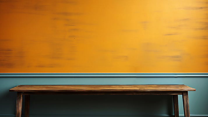 JPG 편집이미지 벽 벽지 사람없음 주황색 디지털합성 오브젝트 나무탁자 카피스페이스 웨인스코팅 편집실사 AI포토 AI콘텐츠 컬러 탁자 인테리어 공백 CG 파일형식