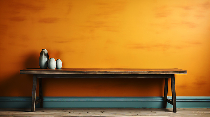 JPG 편집이미지 벽 사람없음 주황색 항아리 디지털합성 오브젝트 나무탁자 카피스페이스 웨인스코팅 편집실사 AI포토 AI콘텐츠 컬러 탁자 인테리어 공백 도자기 CG 파일형식