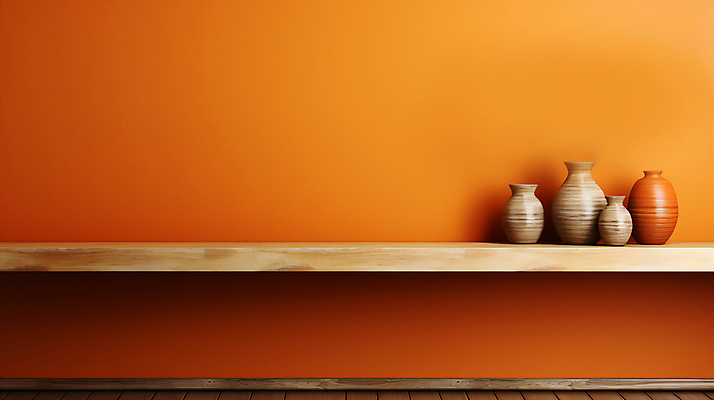 JPG 편집이미지 벽 선반 사람없음 주황색 항아리 디지털합성 오브젝트 카피스페이스 편집실사 AI포토 AI콘텐츠 컬러 가구 공백 도자기 CG 파일형식