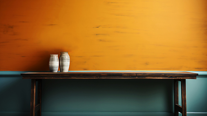 JPG 편집이미지 벽 벽지 사람없음 주황색 항아리 디지털합성 오브젝트 나무탁자 카피스페이스 웨인스코팅 편집실사 AI포토 AI콘텐츠 컬러 탁자 인테리어 공백 도자기 CG 파일형식