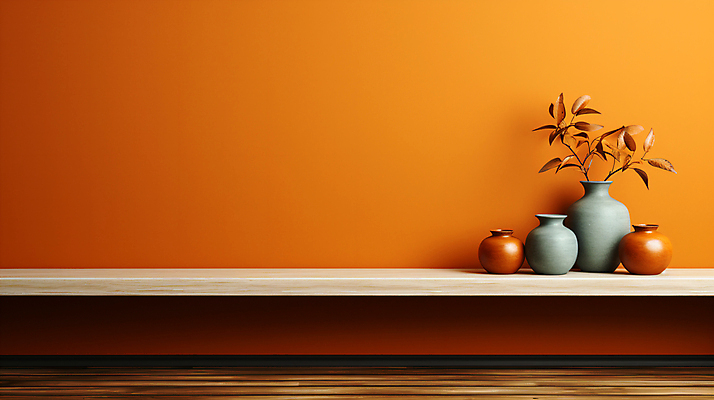 JPG 편집이미지 화분 벽 선반 사람없음 주황색 항아리 디지털합성 오브젝트 카피스페이스 편집실사 AI포토 AI콘텐츠 컬러 가구 공백 도자기 CG 파일형식
