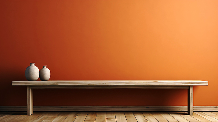 JPG 편집이미지 벽 사람없음 주황색 항아리 디지털합성 오브젝트 나무바닥 나무탁자 카피스페이스 편집실사 AI포토 AI콘텐츠 컬러 탁자 바닥 공백 도자기 CG 파일형식