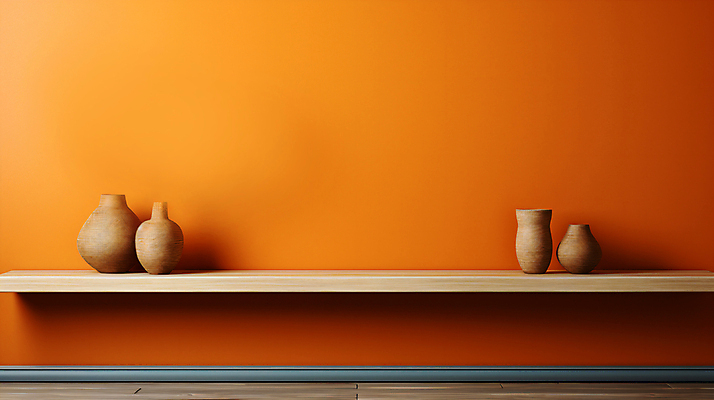 JPG 편집이미지 벽 사람없음 주황색 항아리 디지털합성 오브젝트 나무탁자 카피스페이스 편집실사 AI포토 AI콘텐츠 컬러 탁자 공백 도자기 CG 파일형식