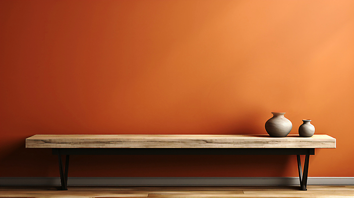 JPG 편집이미지 벽 사람없음 주황색 항아리 디지털합성 오브젝트 나무탁자 카피스페이스 편집실사 AI포토 AI콘텐츠 컬러 탁자 공백 도자기 CG 파일형식