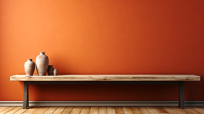 JPG 편집이미지 벽 사람없음 주황색 항아리 디지털합성 오브젝트 나무바닥 나무탁자 카피스페이스 편집실사 AI포토 AI콘텐츠 컬러 탁자 바닥 공백 도자기 CG 파일형식