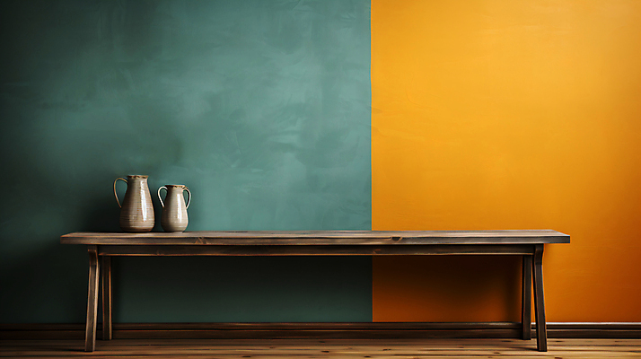 JPG 편집이미지 벽 사람없음 초록색 주황색 항아리 디지털합성 오브젝트 나무탁자 카피스페이스 편집실사 AI포토 AI콘텐츠 컬러 탁자 공백 도자기 CG 파일형식