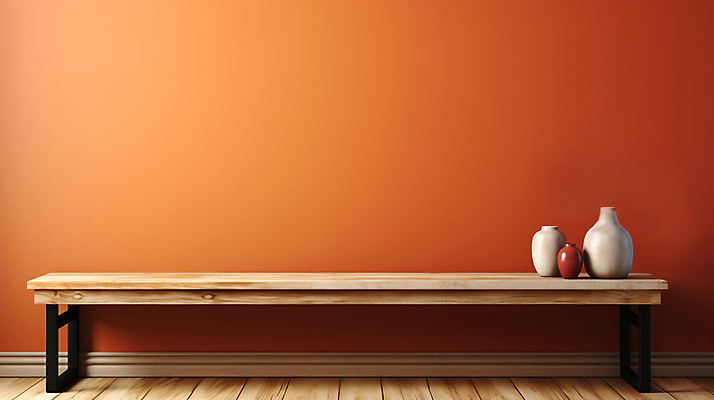 JPG 편집이미지 벽 사람없음 주황색 항아리 디지털합성 오브젝트 나무탁자 카피스페이스 편집실사 AI포토 AI콘텐츠 컬러 탁자 공백 도자기 CG 파일형식