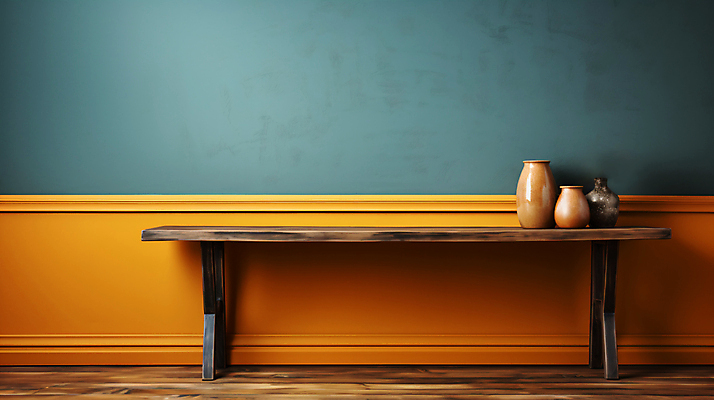 JPG 편집이미지 벽 벽지 사람없음 초록색 주황색 항아리 디지털합성 오브젝트 나무탁자 카피스페이스 웨인스코팅 편집실사 AI포토 AI콘텐츠 컬러 탁자 인테리어 공백 도자기 CG 파일형식