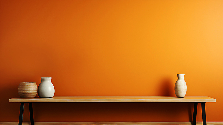 JPG 편집이미지 벽 사람없음 주황색 항아리 디지털합성 오브젝트 나무탁자 카피스페이스 편집실사 AI포토 AI콘텐츠 컬러 탁자 공백 도자기 CG 파일형식