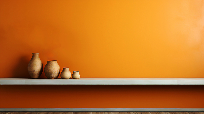 JPG 편집이미지 벽 탁자 선반 사람없음 주황색 항아리 디지털합성 오브젝트 카피스페이스 편집실사 AI포토 AI콘텐츠 컬러 가구 공백 도자기 CG 파일형식