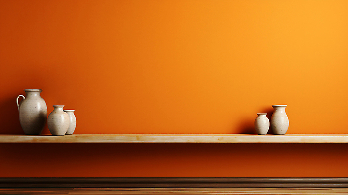 JPG 편집이미지 벽 선반 사람없음 주황색 항아리 디지털합성 오브젝트 나무탁자 카피스페이스 편집실사 AI포토 AI콘텐츠 컬러 가구 탁자 공백 도자기 CG 파일형식
