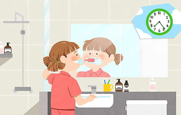 PSD 라이프스타일 여자 어린이 시계 일러스트 한명 들기 소녀 상반신 위생용품 반사 거울 양치 칫솔 세면대 화장실 일과 샤워실 외출준비 소녀한명만 국내일러스트 1 생활용품 모션 사람 생활 청결 준비 샤워시설 여자한명만 소녀만 파일형식