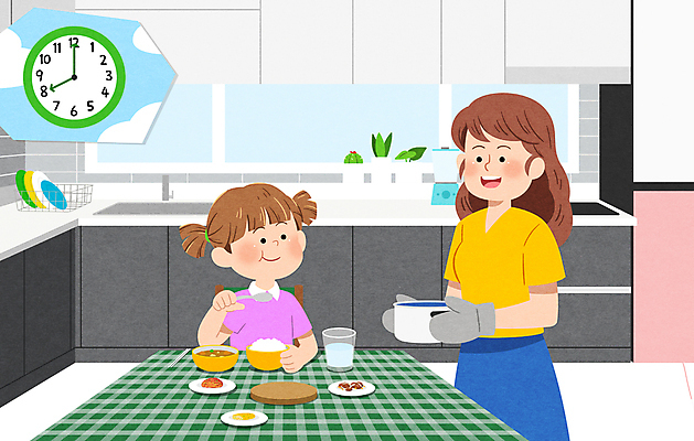 PSD 라이프스타일 접시 여자 화분 어린이 시계 일러스트 식탁 밥 모녀 아침 반찬 수저 들기 소녀 상반신 성인 두명 주방 아침식사 냄비 먹기 물컵 국 일과 여자만 국내일러스트 주간 식기 딸 음식 가족 모션 탁자 엄마 사람 생활 컵 식사 솥 파일형식