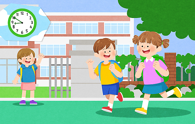 전신 PSD 나무 라이프스타일 여자 남자 어린이 시계 일러스트 학교 서기 소녀 소년 세명 친구 담장 걷기 풀 등교 손인사 일과 정문 어린이만 국내일러스트 식물 교육 관계 모션 사람 생활 문 인사 등하교 파일형식