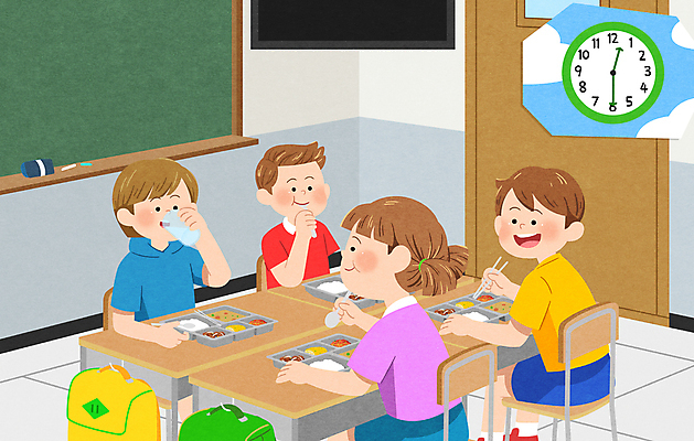 PSD 라이프스타일 여자 남자 어린이 시계 의자 일러스트 교실 책가방 함께함 수저 들기 앉기 소녀 소년 여러명 상반신 칠판 마시기 먹기 책상 일과 점심 식판 점심식사 급식 어린이만 국내일러스트 식기 교육 가구 다수 컨셉 가방 학교 모션 사람 생활 식사 파일형식