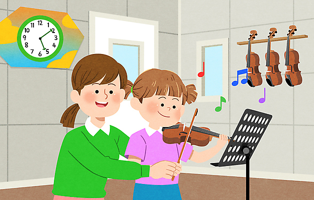 PSD 라이프스타일 여자 교육 어린이 시계 연주 음표 일러스트 소녀 상반신 성인 두명 학습 잡기 가르침 보면대 바이올린 일과 음악선생님 음악학원 여자만 국내일러스트 기호 음악 모션 현악기 사람 생활 교사 학원 파일형식